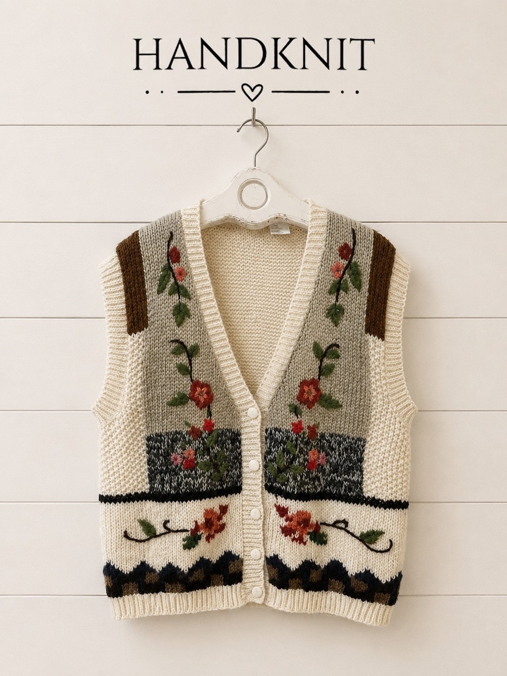 HAND-KNITTED FLORAL VEST – SIZE 24W (VINTAGE)
